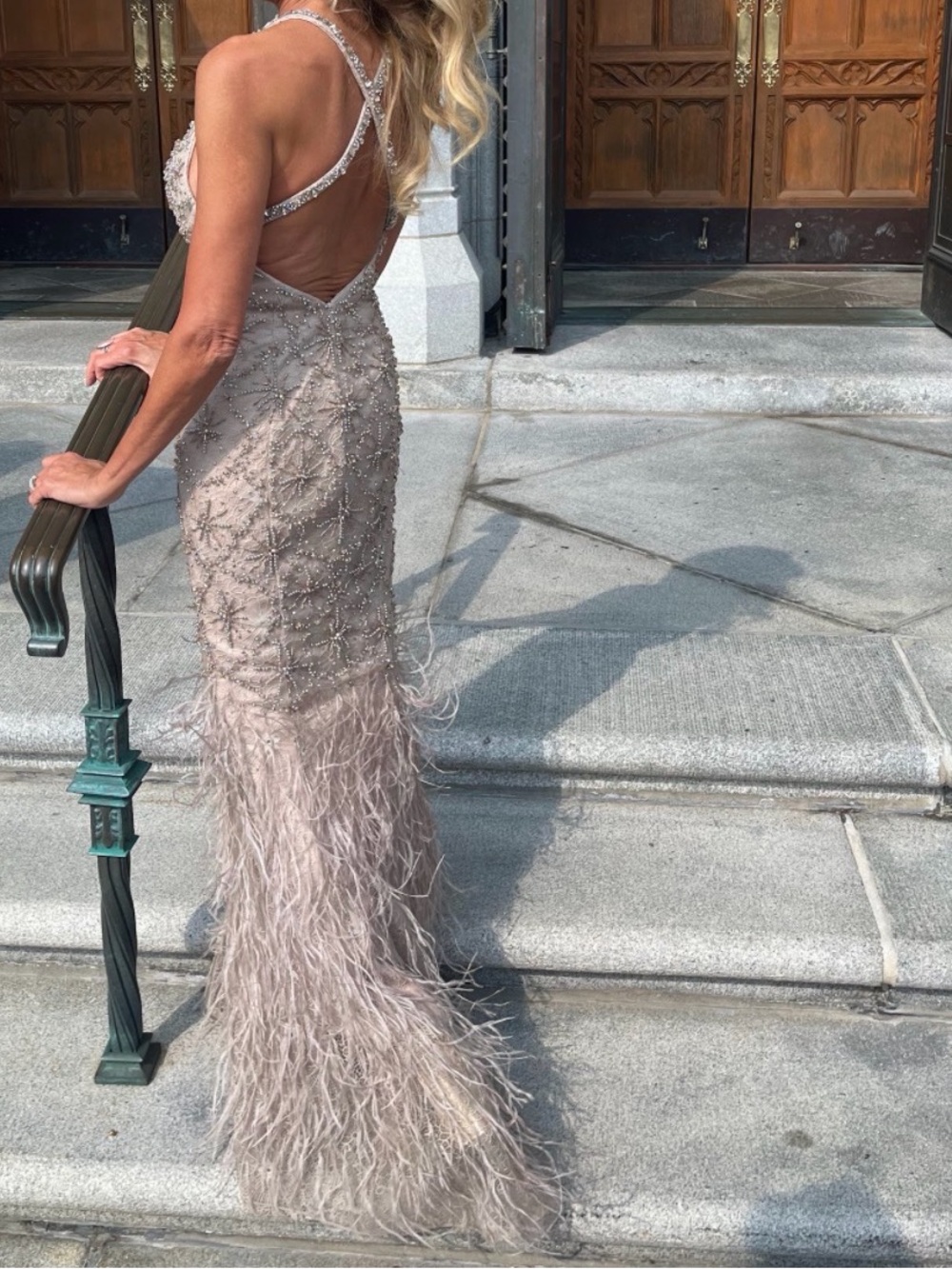 Embellished Feather-Hem Evening Gown in Taupe - Picture 2 of 4